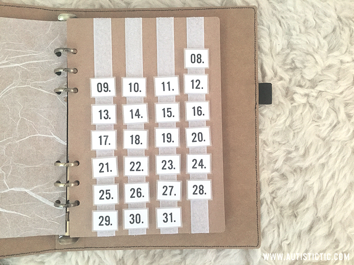 Right side of my handmade ring planner which holds the signs for my planner. 4 columns of velcro taped onto cardboard allow for easy organization of the signs for my dates.