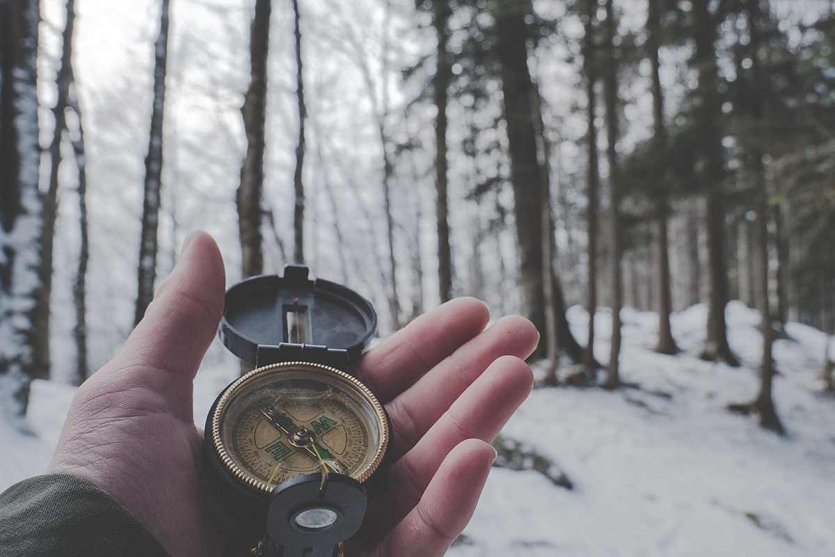 A hand holding a compass. In the background there is a snow covered forest.