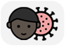Head of a person with short cropped black hair and dark skin, half overlapping an illustration of the Coronavirus.