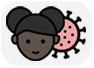 Head of a person with black hair, tied back into two puffy buns, and dark skin, half overlapping an illustration of the Coronavirus.