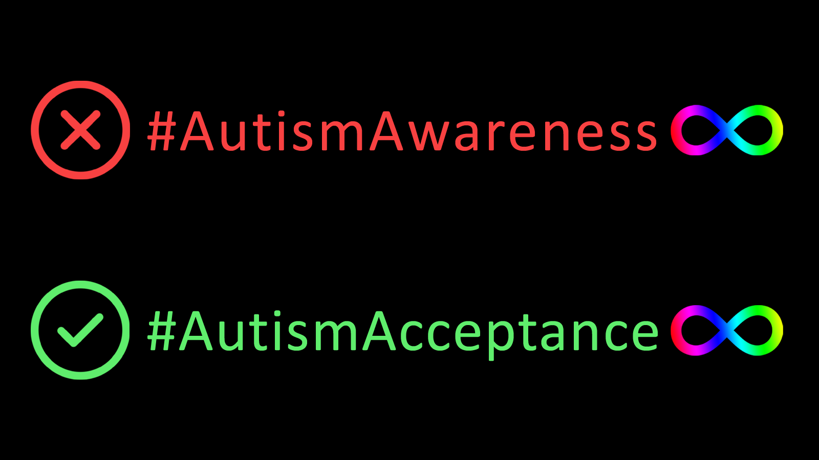Black background. In the top half a red X and "#AutismAwareness" with a rainbow infinity symbol next to it. In the bottom half a green checkmark and "#AutismAcceptance" with a rainbow infinity symbol next to it.