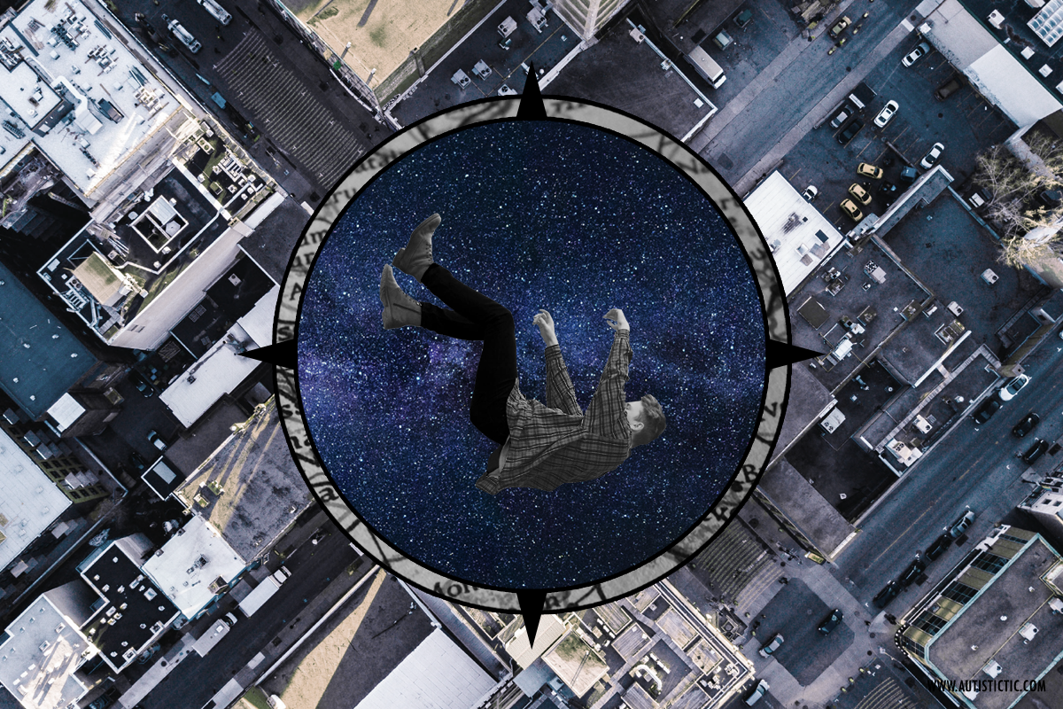 A falling human being in front of a circle of a starry night sky. Behind the person and the night sky, there is an aerial view of a city with buildings and roads.