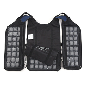 A cooling vest laying flat, inside up. The vest has three panels of ice cube packs lining the inside.