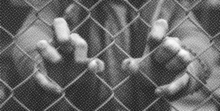 A light-skinned person behind a chain link fence. They are clinging to the fence with their fingers. The rest of them is blurry in the background.